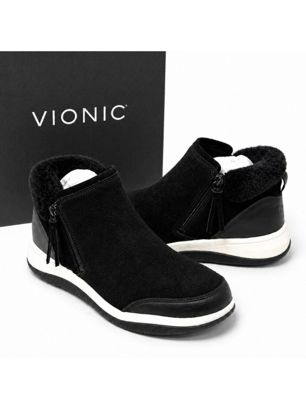 Vionic Norwood Supportive Women’s 9 Black Suede Leather Faux Fur Orthotic Boot